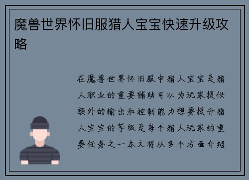 魔兽世界怀旧服猎人宝宝快速升级攻略